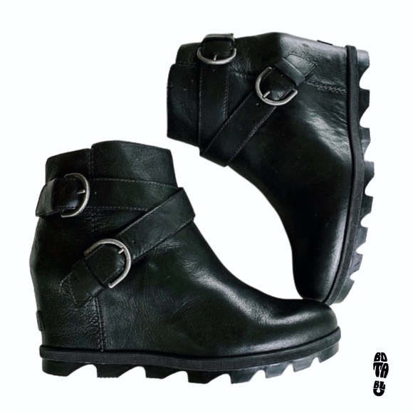 SOREL Joan of Arctic Wedge Boots Moto Buckle Waterproof Leather Ankle Bootie 10 - Picture 1 of 8